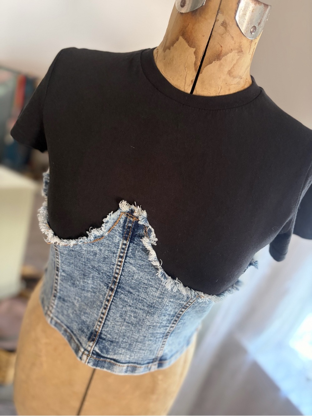 Thrill Jeans Black Tee with Distressed Denim Corset Overlay
